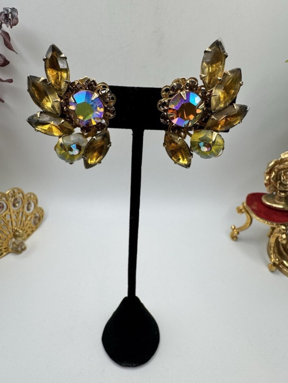 Vintage Beau Jewels Clip On Earrings Amber Iridescent AB Rhinestones